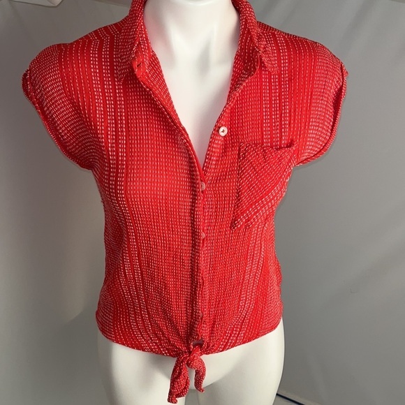 Harper Tops - Harper Heritage red orange short sleeve button down with tie bottom